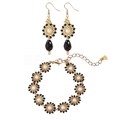 Shell Pearl & Glass Seed Braided Flat Round Dangle Earring and Beaded Bracelets Sets SJEW-SW00007-1