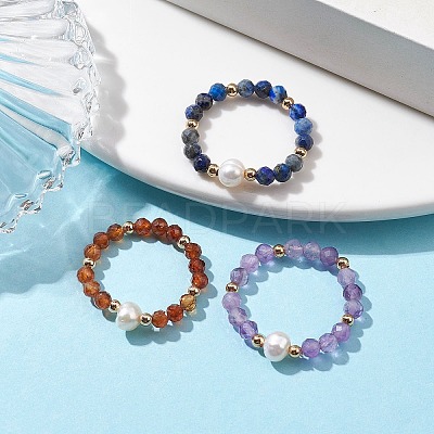 3Pcs Natural Lapis Lazuli/Garnet/Amethyst with Plastic Pearl with Glass Braided Beaded Finger Rings RJEW-JR00671-1
