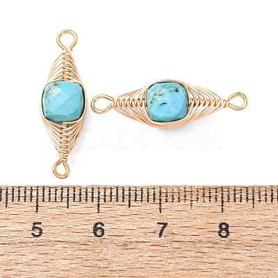 Natural Turquoise Faceted Cube Links Connector Charms with Copper Herringbone Wire-Wrapped KK-Z152-06G-02B-1