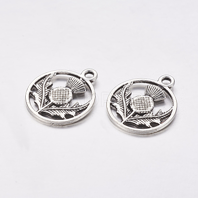 Tibetan Style Alloy Flat Round with Flower Scotland Thistle Pendants X-TIBEP-24054-AS-FF-1