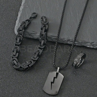 304 Stainless Steel Chain Bracelets & Rectangle Pendant Necklaces & Rings for Men FS-WGDB989-01-1