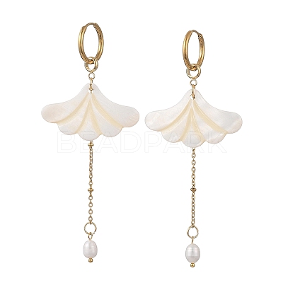 Freshwater Shell & Brass & 304 Stainless Steel Hoop Dangle Earrings EJEW-JE07258-1