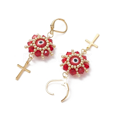 Evil Eye with Cross 304 Stainless Steel Glass Seed Beads Leverback Earrings EJEW-MZ00420-01-1