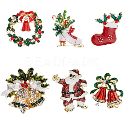6Pcs 6 Styles Christmas Theme Golden Zinc Alloy with Rhinestone Brooches JEWB-SP0001-08-1
