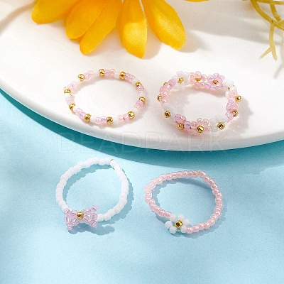 4Pcs 4 Style Glass Seed Beaded Stretch Finger Rings RJEW-JR00661-04-1
