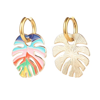 Monstera Leaf Enamel Charm Dangle Hoop Earrings EJEW-JE04853-1