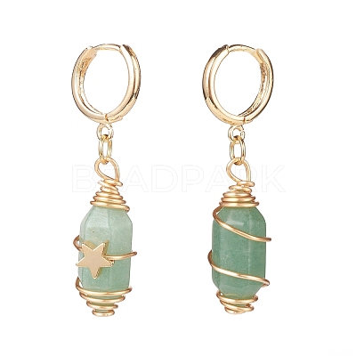 Gemstone Bullet with Star Dangle Hoop Earrings EJEW-JE05003-1