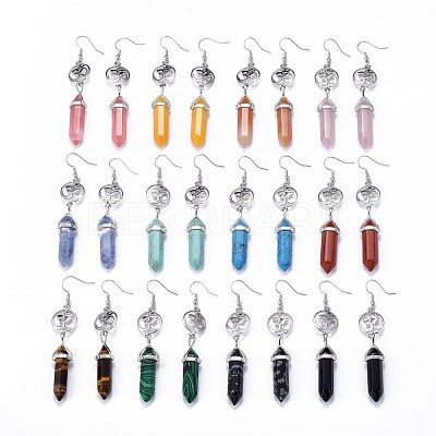 Pointed Bullet Natural & Synthetic Mixed Gemstone Dangle Earrings EJEW-K084-D-1