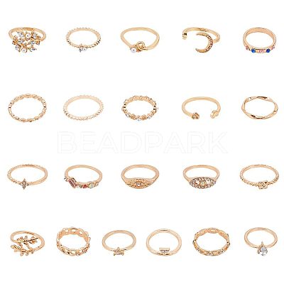 21Pcs 21 Styles Rectangle & Horse Eye & Teardrop & Leaf & Moon & Star & Heart Alloy Finger Rings RJEW-AN0001-15-1