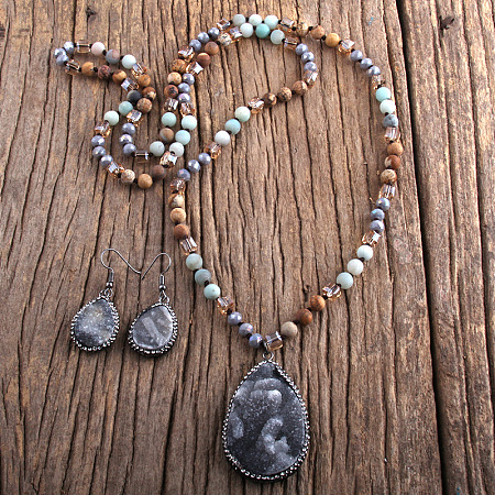 Teardrop Bohemian Style Glass with Natural Picture Jasper Pendant Necklace & Dangle Earrings Sets FS-WG0DE9F-04-1
