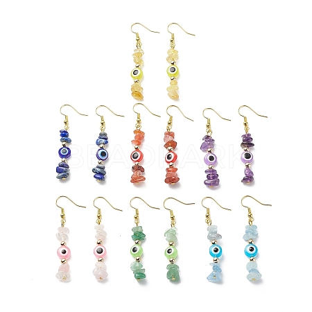 7Pcs 7 Style Natural Mixed Gemstone Chips & Resin Evil Eye Beaded Dangle Earrings EJEW-JE05117-1