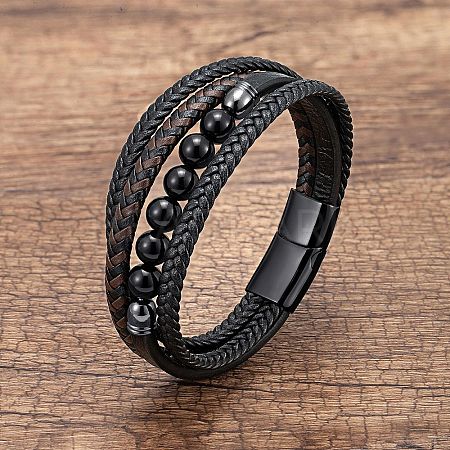 Natural Obsidian Round Beads & Braided Imitation Leather Cord Bracelets for Men FS-WGCE7B3-31-1