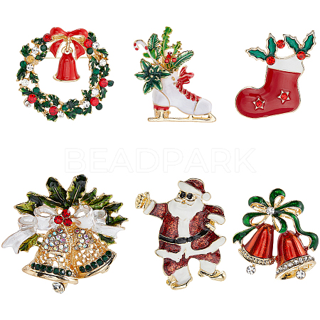 6Pcs 6 Styles Christmas Theme Golden Zinc Alloy with Rhinestone Brooches JEWB-SP0001-08-1