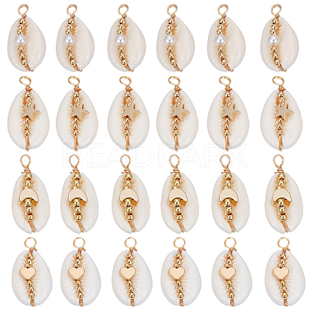 24Pcs 4 Styles Natural Cowrie Shell Copper Wire Wrapped Pendants FIND-SC0014-23-1