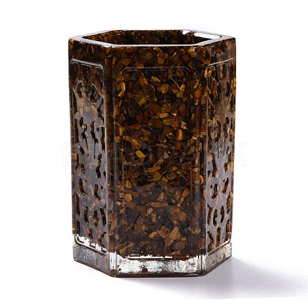 Resin with Natural Tiger Eye Chip Stones Pen Holder DJEW-F015-02C-1