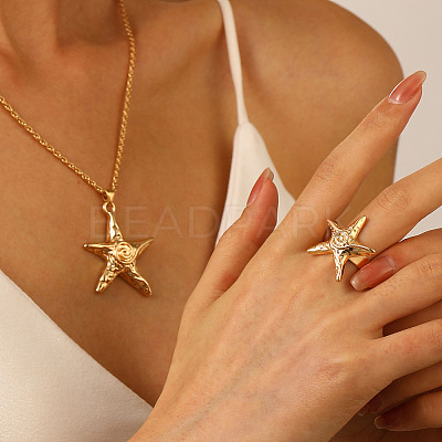 Starfish Alloy Pendant Necklace & Stud Earring & Ring Sets for Women FS-WG0D5F4-03-1