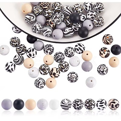 100Pcs 15mm Silicone Beads Cow Print Zebra Print Leopard Print Animal Print Silicone Beads Bulk for Keychain Bracelet Necklace DIY Crafting Making JX311A-1