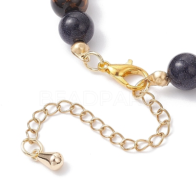 Round Natural Tiger Eye & Synthetic Blue Goldstone Beaded Bracelets for Women BJEW-JB12239-01-1
