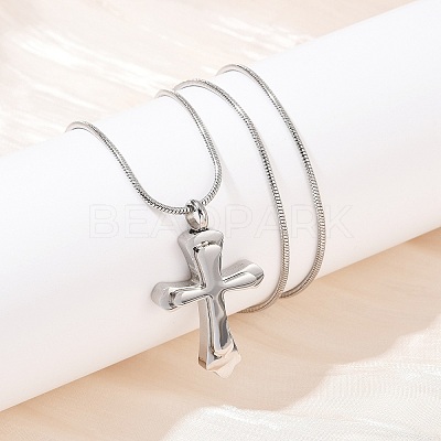 304 Stainless Steel Cross Pendant Pet Urn Ashes Necklaces NJEW-S455-02P-1