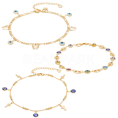 3Pcs 3 Style Butterfly & Cross & Enamel Evil Eye Charm Anklets Set AJEW-AN0001-06-1