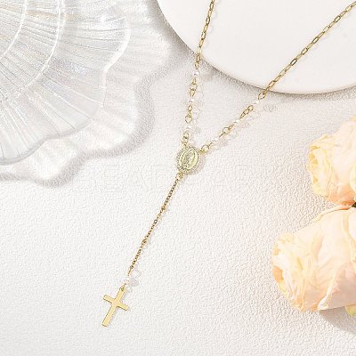 304 Stainless Steel Paperclip Chain and Shell Pearl Rosary Bead Necklaces NJEW-JN06248-1