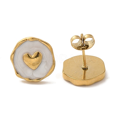 Ion Plating(IP) 304 Stainless Steel Flat Round with Heart Stud Earrings EJEW-C114-15G-02-1