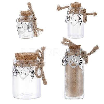 4Pcs Transparent Glass Empty Bottles with Alloy Paw Print Heart Leather Charms AJEW-NB00014-1