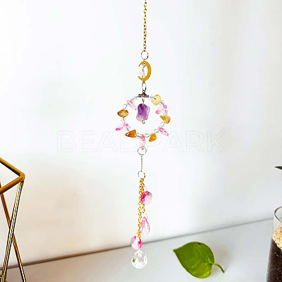 Ring Natural Rose Quartz Chip Window Hanging Suncatchers WG69177-04-1