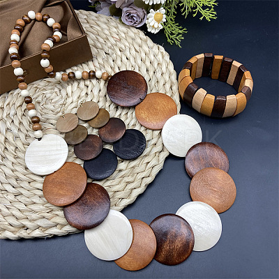 Bohemian Vintage Style Wooden Flat Round Beaded Necklaces & Dangle Earrings & Beadeed Bracelets Sets for Women FS-WGEDB9C-01-1