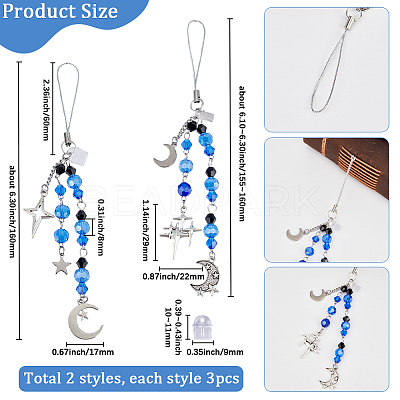 6Pcs 2 Stryles Glass & Alloy Mobile Straps HJEW-SC0001-90-1