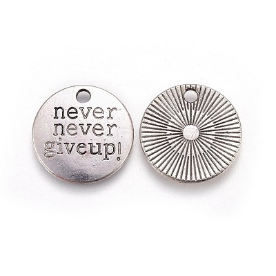 Tibetan Style Alloy Flat Round Carved Word Never Give Up Pendants TIBEP-12585-AS-NR-1