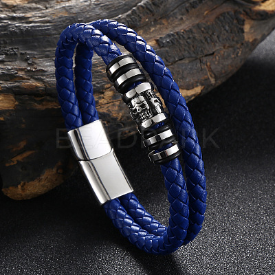 Stainless Steel Skull Beaded Leather Double Layer Multi-strand Bracelet SKUL-PW0004-26E-03-1