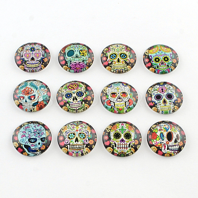 Half Round/Dome Sugar Skull Pattern Glass Flatback Cabochons for DIY Projects GGLA-Q037-25mm-12-1