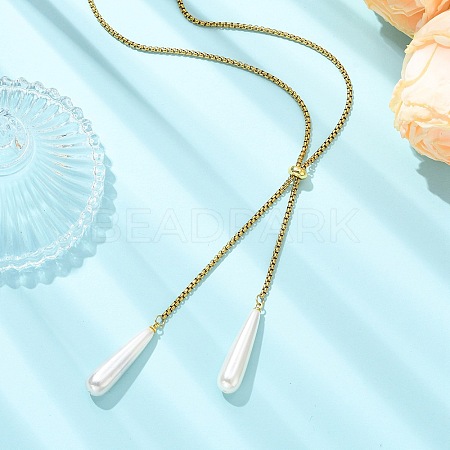 Adjustable Electroplate Shell Pearl Teardrop Tassel 304 Stainless Steel Box Chain Slider Lariat Necklaces for Women NJEW-JN06021-1