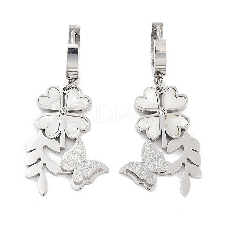 Left and Right Clover & Texture Butterfly 304 Stainless Steel Shell Dangle Earrings EJEW-L283-075P-1