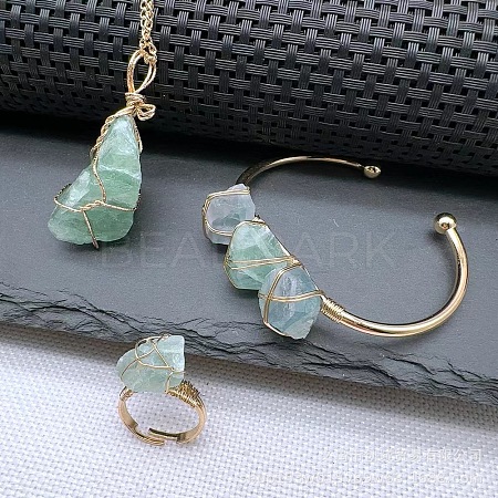 Wire Wrapped Nuggets Natural Fluorite Pendant Necklace & Cuff Bangle & Rings Sets FS-WG99384-01-1