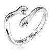 Anti-Tarnish Rhodium Plated 925 Sterling Silver Hug Hands Open Cuff Ring with Love Forever for Women JR860A-1