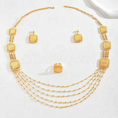 Bohemian Iron Hollow Square Multi-layer Necklaces & Stud Earrings & Cuff Rings Set for Women WD7231-1