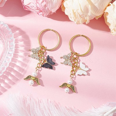 2Pcs Butterfly Alloy Acrylic & Rhinestone & Angle Pendant Keychains KEYC-JKC01251-1
