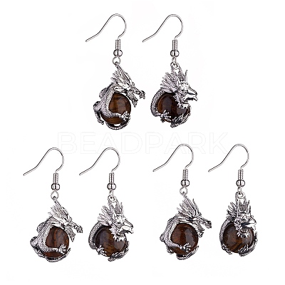 Natural Tiger Eye Dragon Dangle Earrings EJEW-A092-06P-02-1