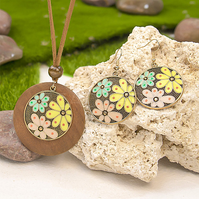 Bohemian Alloy Enamel & Wood Pendant Necklaces & Dangle Earrings Sets FS-WGC69E7-01-1