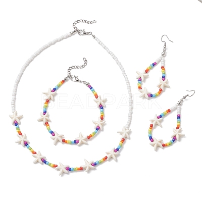 Starfish Synthetic Turquoise & Glass Beaded Bracelets & Earrings & Necklaces SJEW-JS01369-1