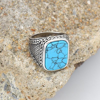 304 Stainless Steel with Synthetic Turquoise Finger Rings FS-WG67565-68-1