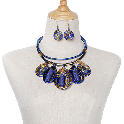 Aluminum Wire Wrapped Resin Beaded Oval Pendant Necklaces & Flat Round Dangle Earrings Sets WGF604D-02-1