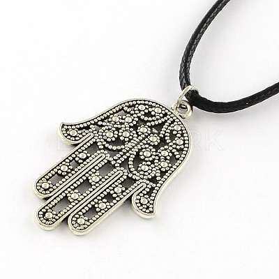 Hamsa Hand/Hand of Fatima/Hand of Miriam Zinc Alloy Pendant Necklaces NJEW-R228-72AS-1