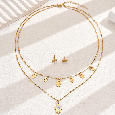 Elegant Vintage Stainless Steel Rhinestone Hamsa Hand Stud Earrings & Double-layer Necklace Sets for Women QF7163-1