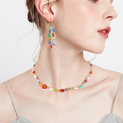 Natural Pearl & Glass Seed Beaded Necklace & Bracelet & Dangle Earrings SJEW-SW00008-1