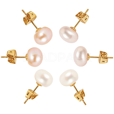 6Pcs 3 Colors Natural Cultured Freshwater Pearl Stud Earrings EJEW-TAC00027-1