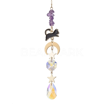 Teardrop Glass & Natural Amethyst Beads Hanging Suncatchers HJEW-JM04611-1