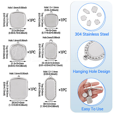 6Pcs 6 Styles 304 Stainless Steel Pendant Cabochon Settings STAS-TA0005-71P-1
